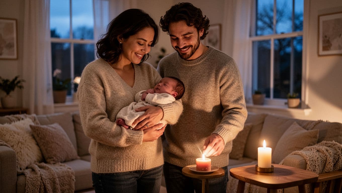 One parent holds newborn baby while other lights small candle on side table in warm living room.