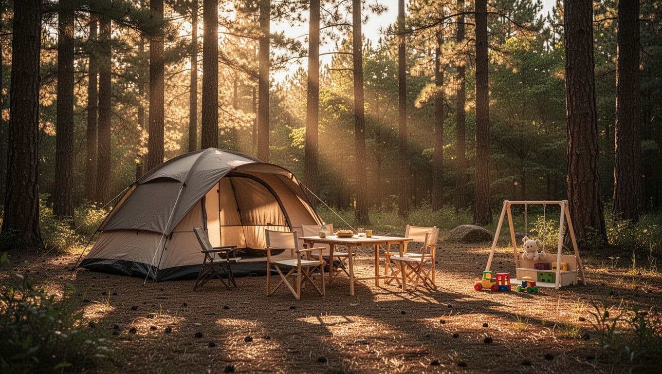 A spacious canvas tent stands in a sunlit forest clearing beside a tidy dining table and a small rug for children. Golden light highlights the pristine, neatly arranged outdoor gear.