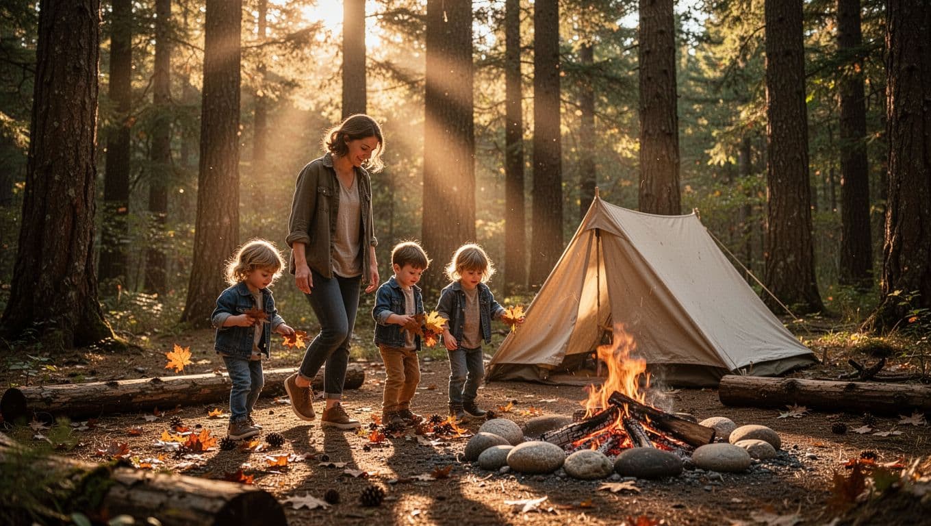 A parent leads two children through a sunny forest clearing while searching for nature treasures. They carry small wicker baskets and examine interesting rocks scattered across the mossy woodland floor.