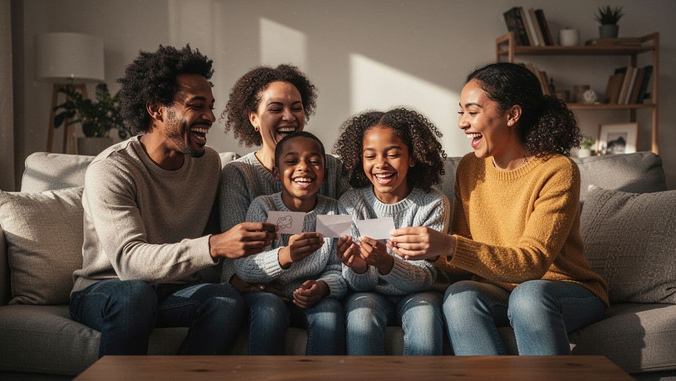 A diverse family of four sits closely together on a plush living room couch, holding small paper cards while laughing heartily. Warm interior lighting creates a cozy and joyful home atmosphere.
