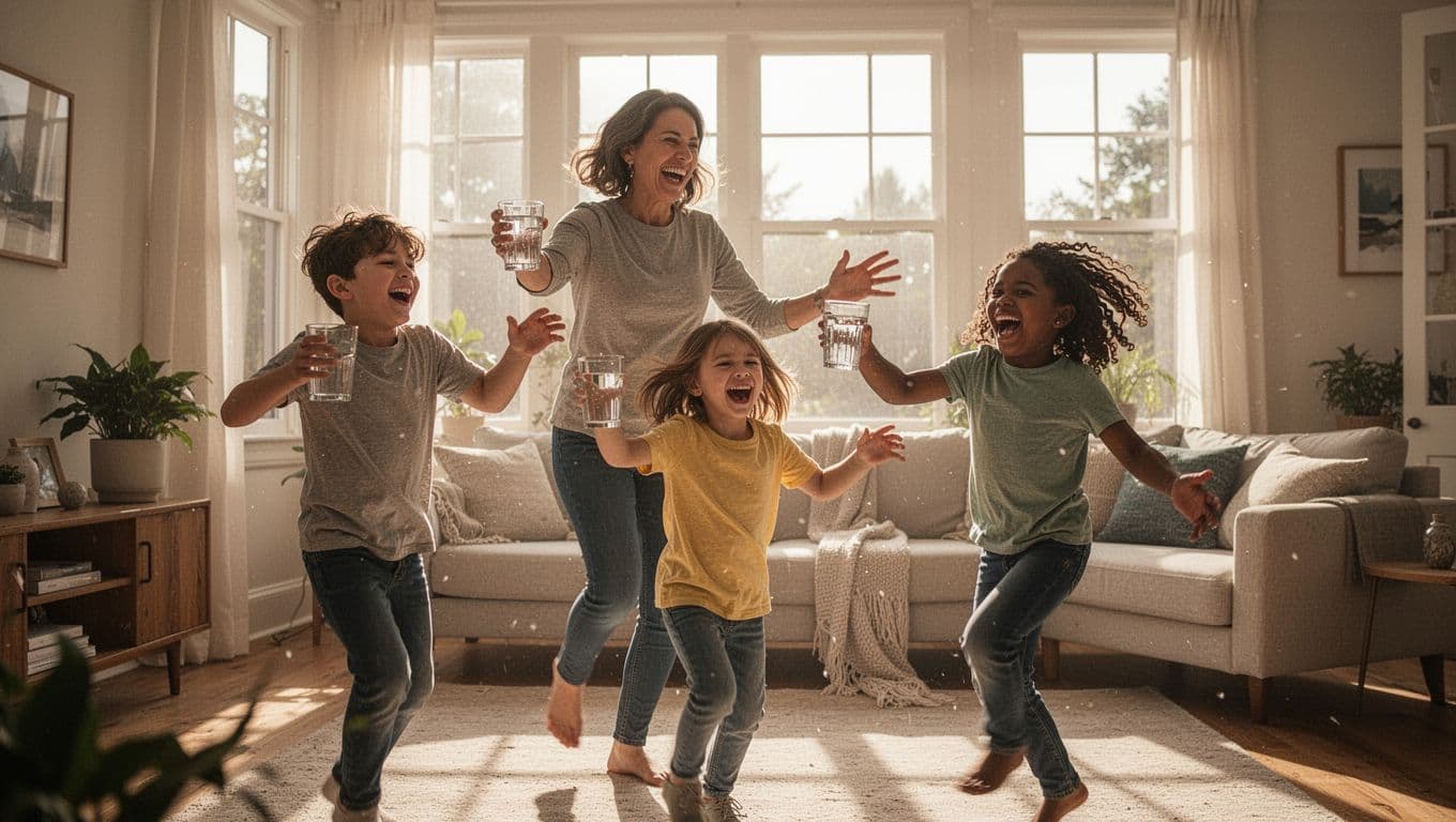 A parent and two children exercise together in a sun-drenched living room. They hold clear water glasses, showing their commitment to hydration while laughing and moving actively within the home space.