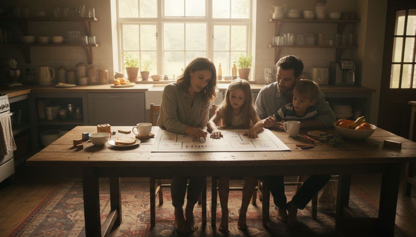 Cozy family kitchen bathed in early morning sunlight, mom, dad, and two kids aged 6-9 at wooden table reviewing handwritten morning routine timeline chart in 10-15 minute blocks, relaxed focused expressions, realistic photo with soft warm lighting.