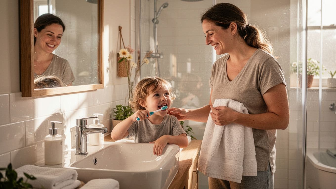 Young child brushes teeth at sink in bright bathroom, parent smiles nearby holding towel.