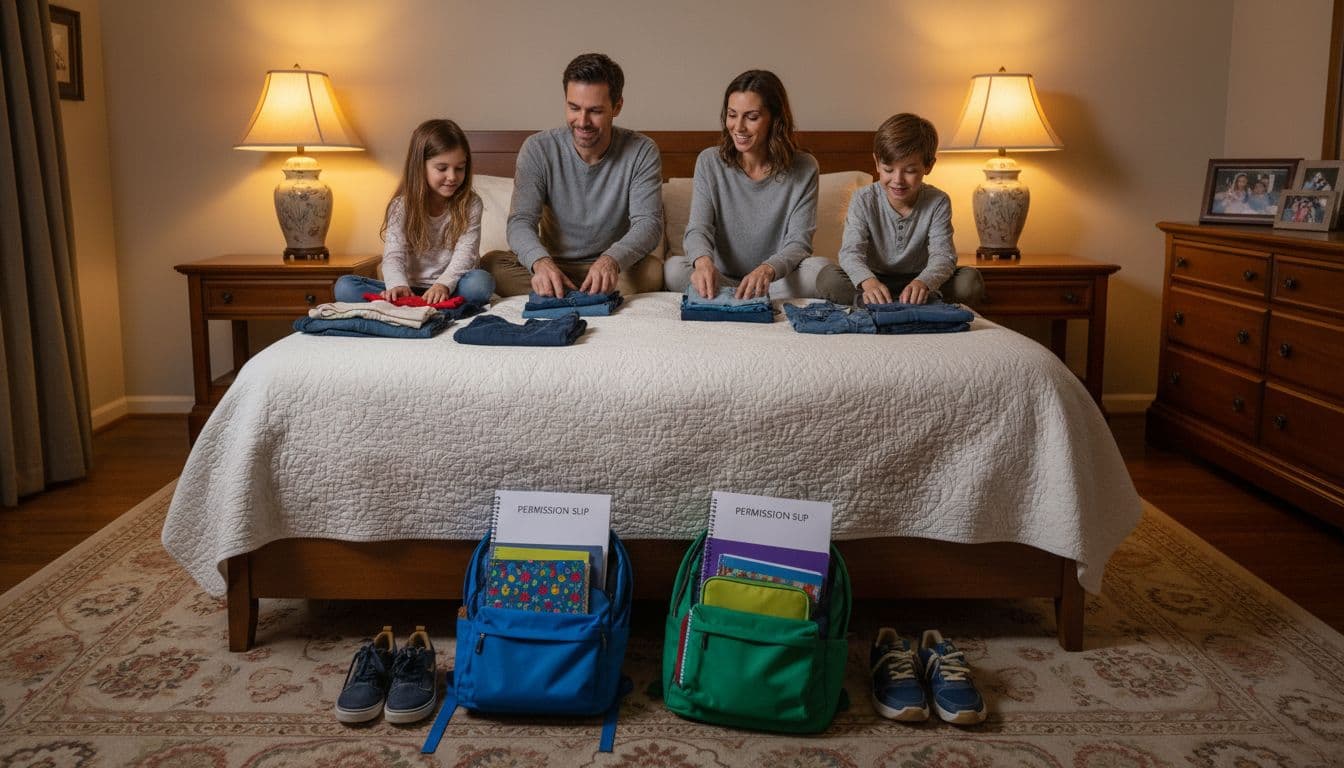 In a softly lit bedroom, parents and school-age kids lay out next day's outfits including clothes, shoes, and socks on the bed while packing backpacks with notebooks, lunch bags, water bottles, and permission slips, all smiling and relaxed.