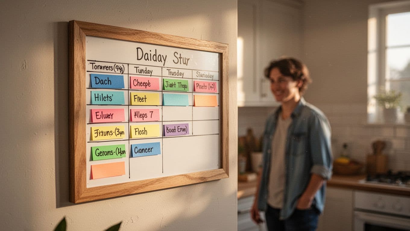 A wooden-framed whiteboard displays handwritten blocks for a weekly schedule on a sunlit kitchen wall. In the soft-focused background, a person moves through the home, creating a warm and organized environment.