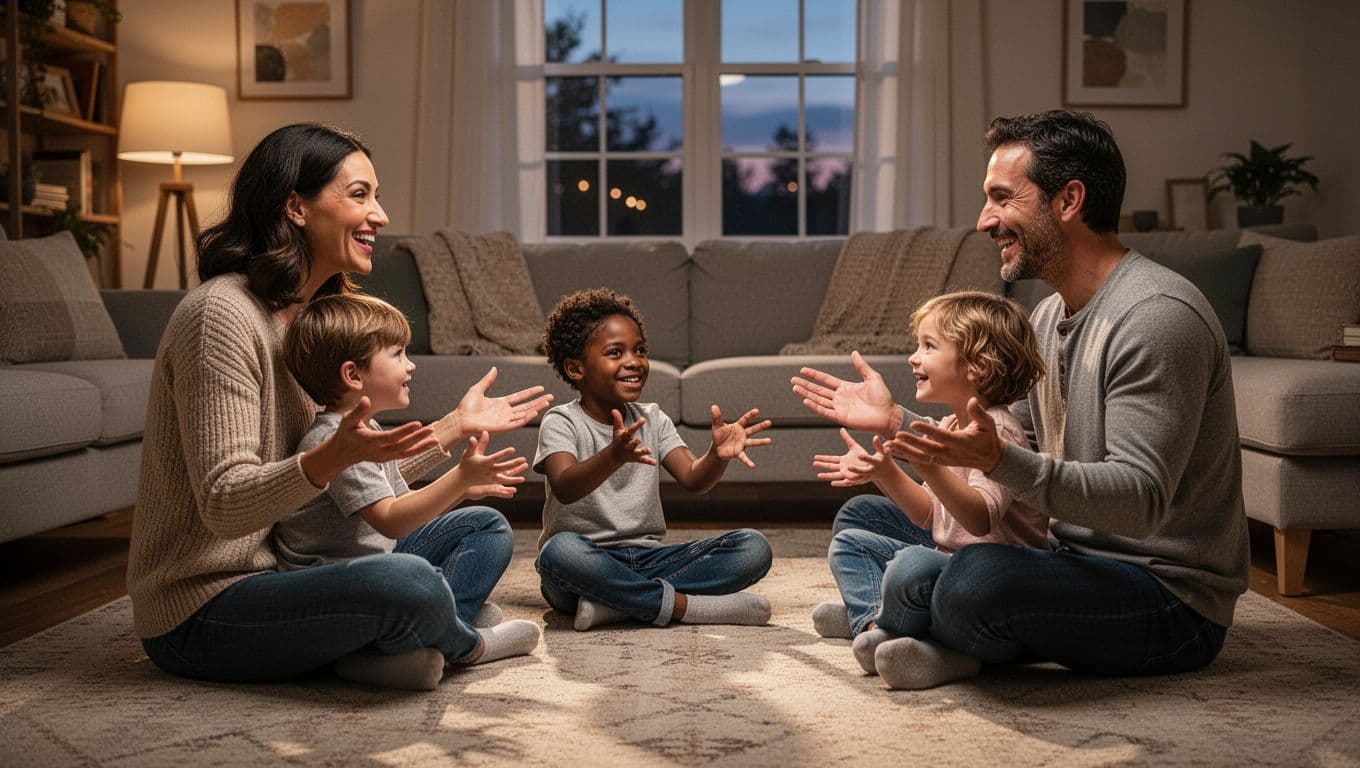 Mom, dad, and two kids sit in circle on living room floor, gesturing stories with happy faces.