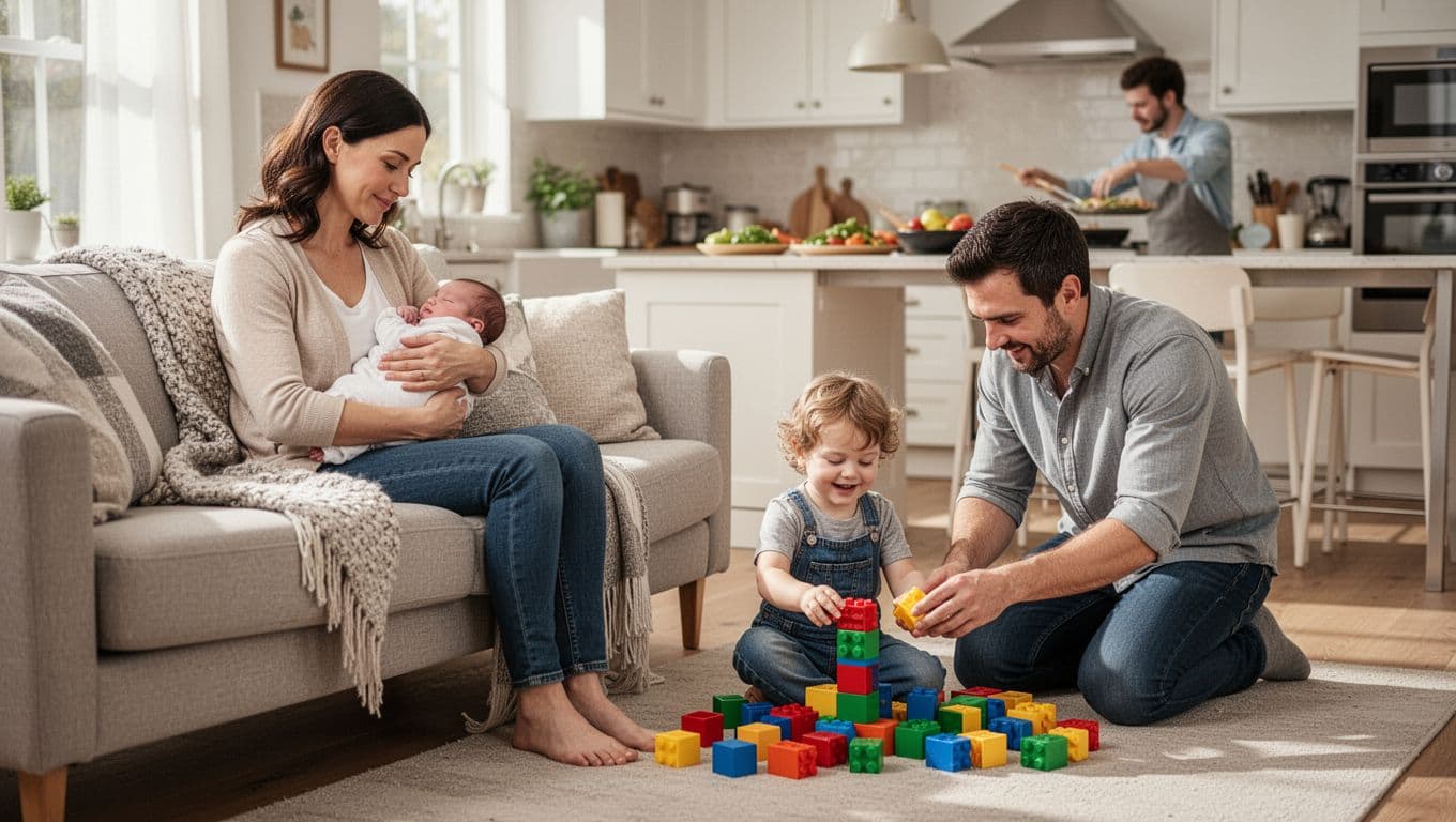 Mom holds sleeping newborn on couch while grandmother prepares meal and dad plays blocks with toddler.