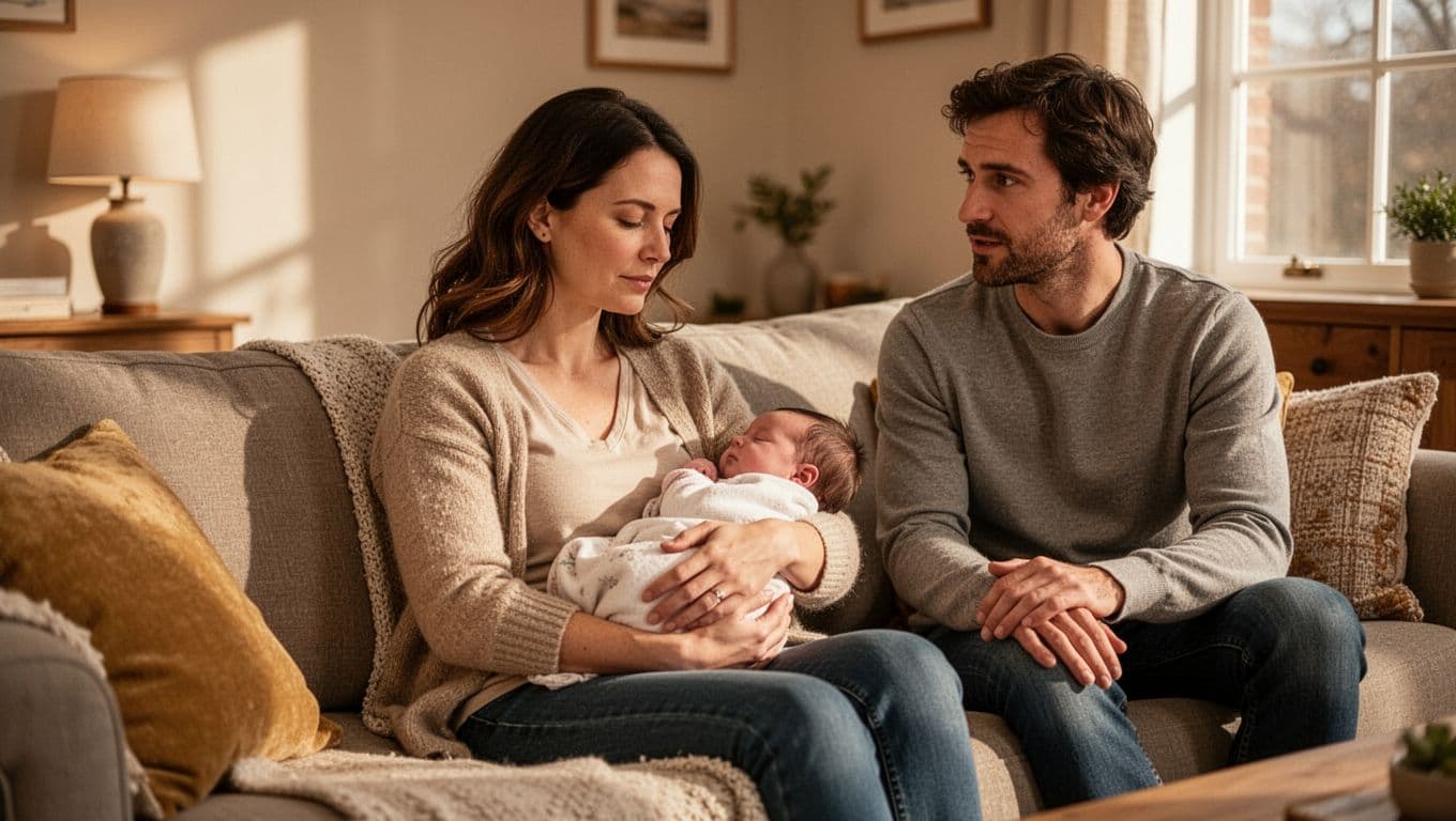 In a warm, cozy living room bathed in natural daylight, a tired new mother in her early 30s sits on the couch holding her newborn baby, with her partner and one family member nearby listening supportively, emphasizing emotional conversation and support.