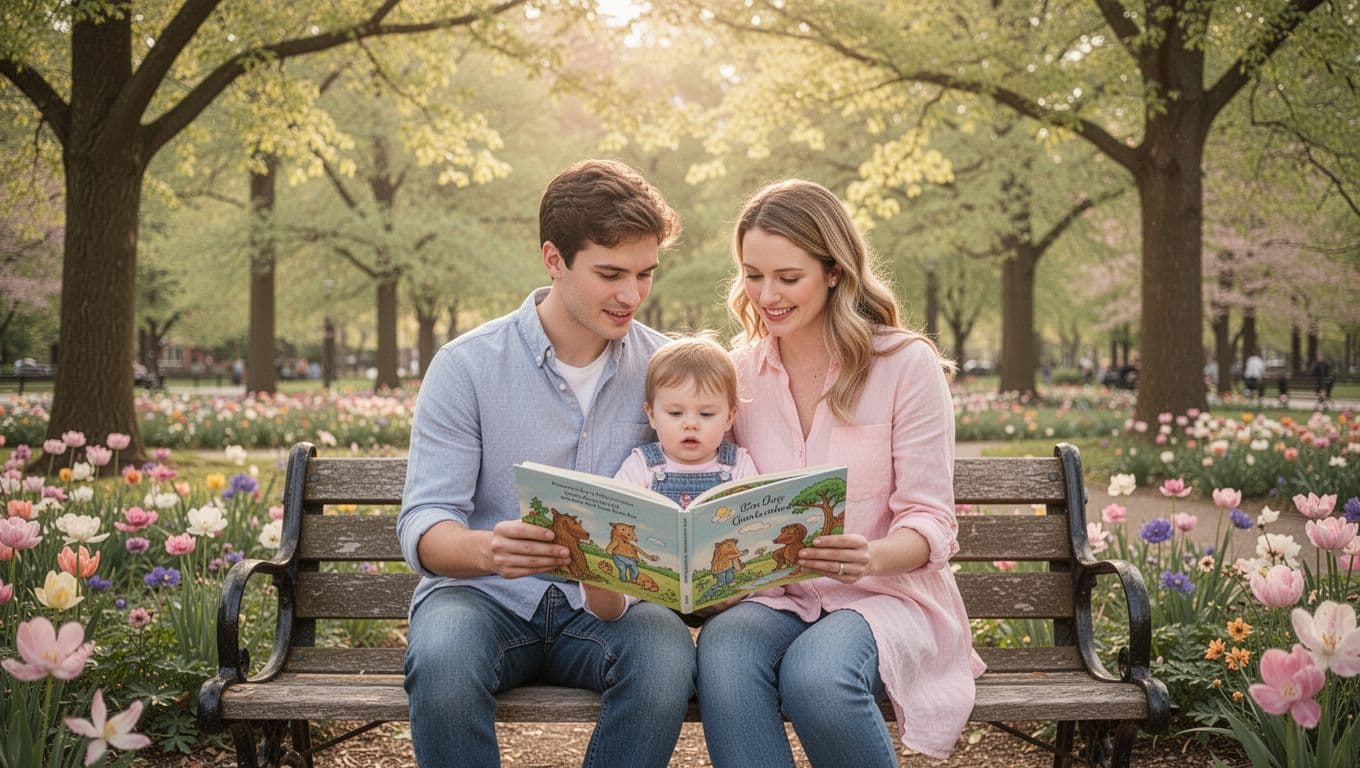Young couple and toddler sit in sunlit park, viewing baby name book amid trees and flowers.