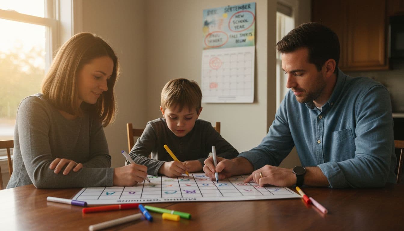 Realistic photo of a cozy family kitchen table in warm evening light, with mom, dad, and two kids aged 7-10 happily updating a large printed morning routine chart with colorful markers, nearby calendar marked for new school year and fall sports.