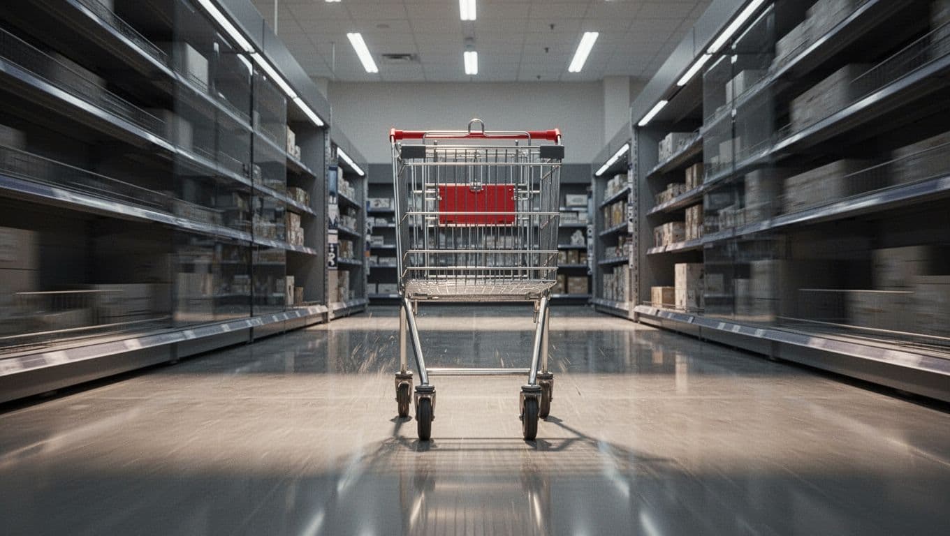 A metallic shopping cart speeds through a minimalist digital environment, leaving a vibrant motion blur trail. Sharp focus highlights the chrome frame against the sleek, illuminated backdrop of an online storefront.