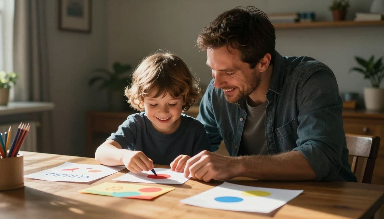 A father and his young child beam with joy while admiring colorful homemade paper crafts arranged neatly on a rustic wooden table. Warm morning light spills across the cozy scene.