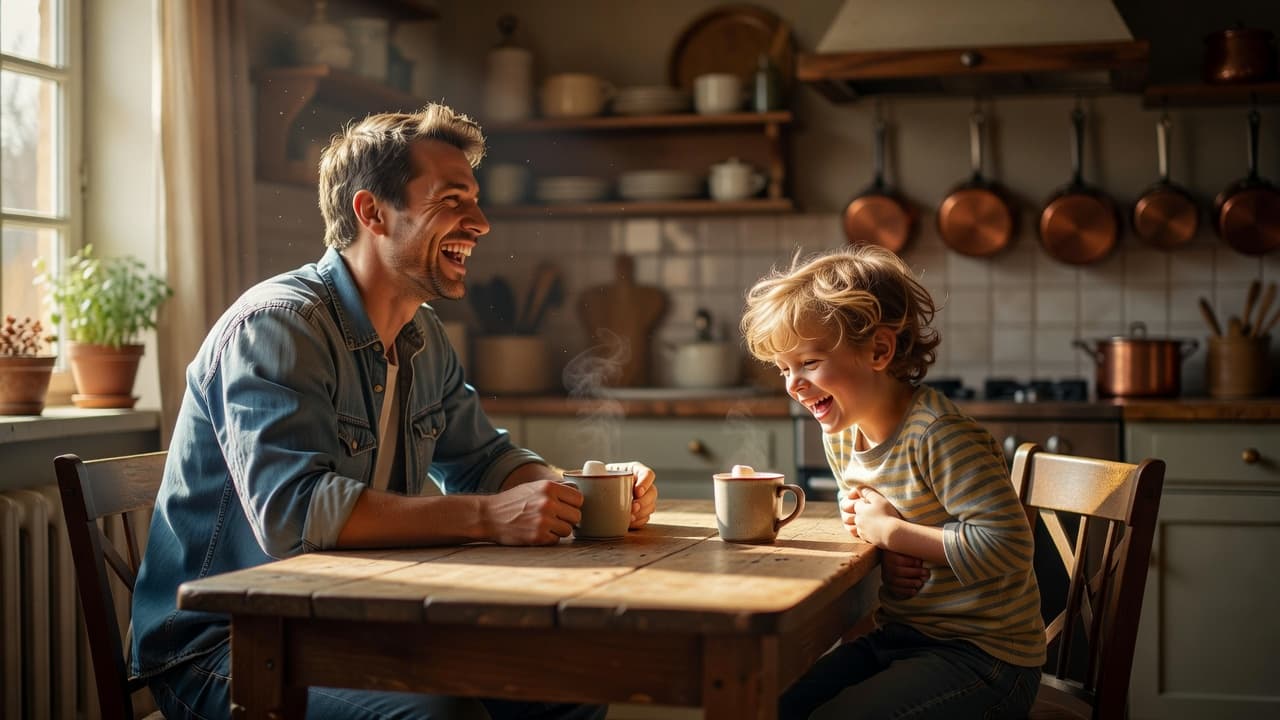 A man and his young daughter share a joyful moment while sitting at a wooden kitchen table. Warm cinematic light illuminates their expressive faces as they laugh during a candid family conversation.