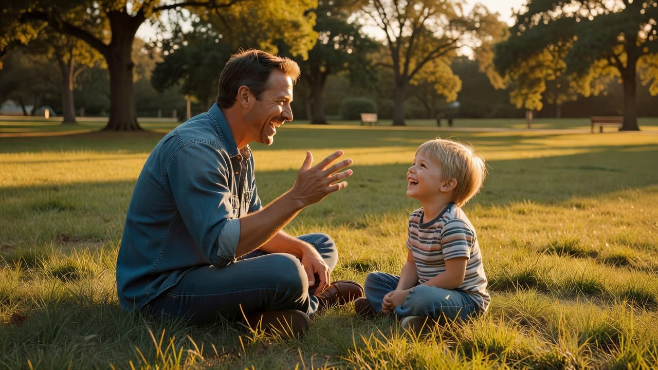 A father and child laughing together in a sunny park. The child looks up with delight while the father gestures mid-joke, creating a warm family moment.