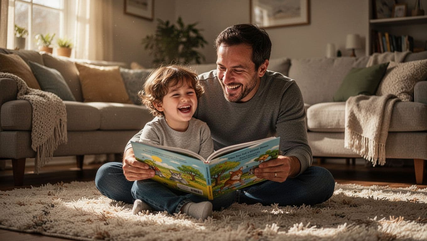 A smiling father sits on a plush living room rug while holding an open book, laughing heartily with his young child as they share a lighthearted moment during their afternoon storytime.