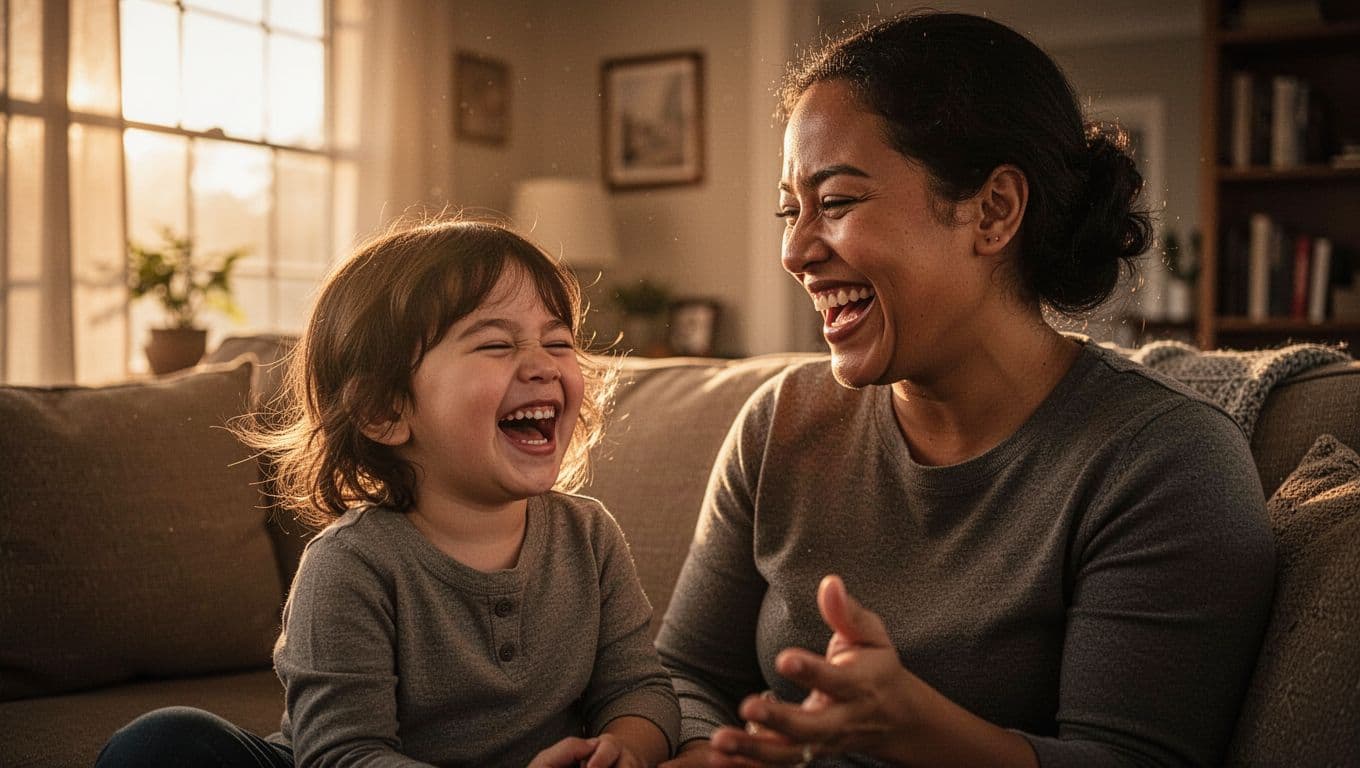 A smiling father sits on a cozy sofa while his young child giggles heartily beside him. Soft golden sunlight fills the living room, highlighting their joyful expressions and intimate family connection.