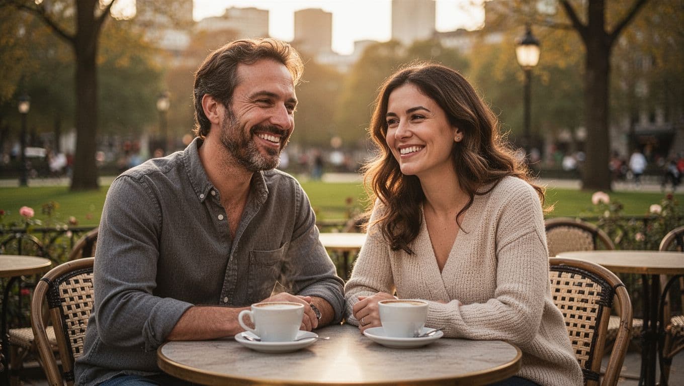 A smiling father and his adult daughter sit together at a small metal table in a serene outdoor cafe. The golden sunset casts a warm glow over their faces during this moment.