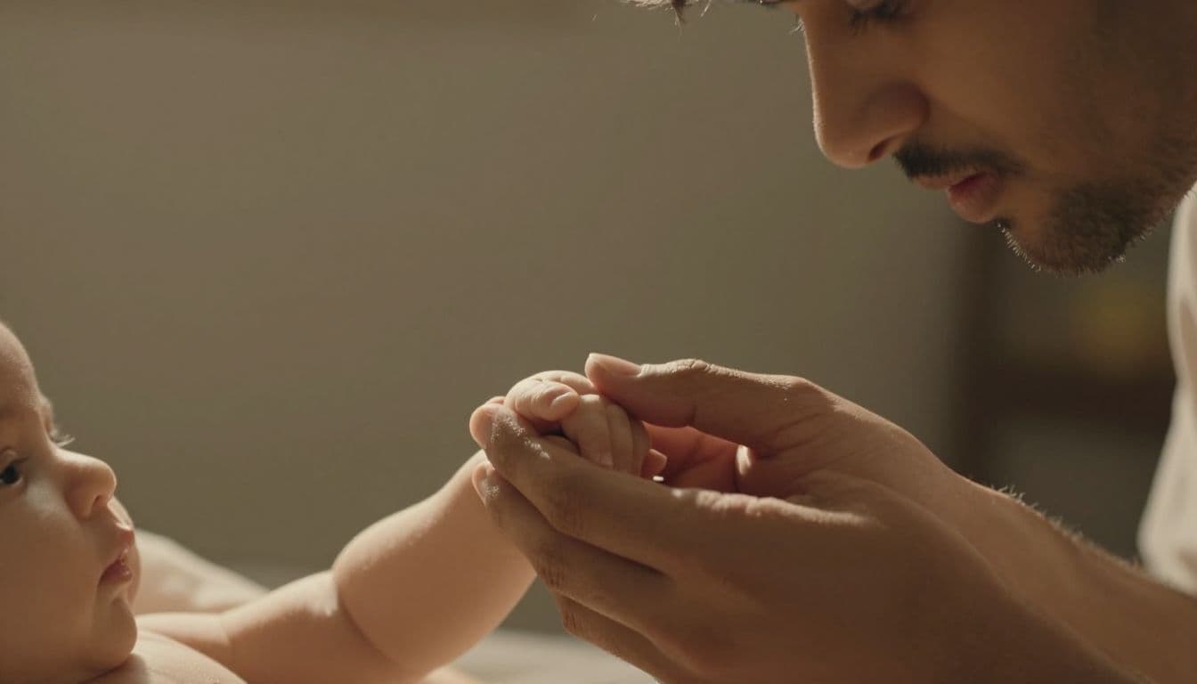 A close-up view captures a father gently grasping his newborn infant's tiny hand. The scene is illuminated by soft, golden light that emphasizes the tender skin and peaceful connection between them.