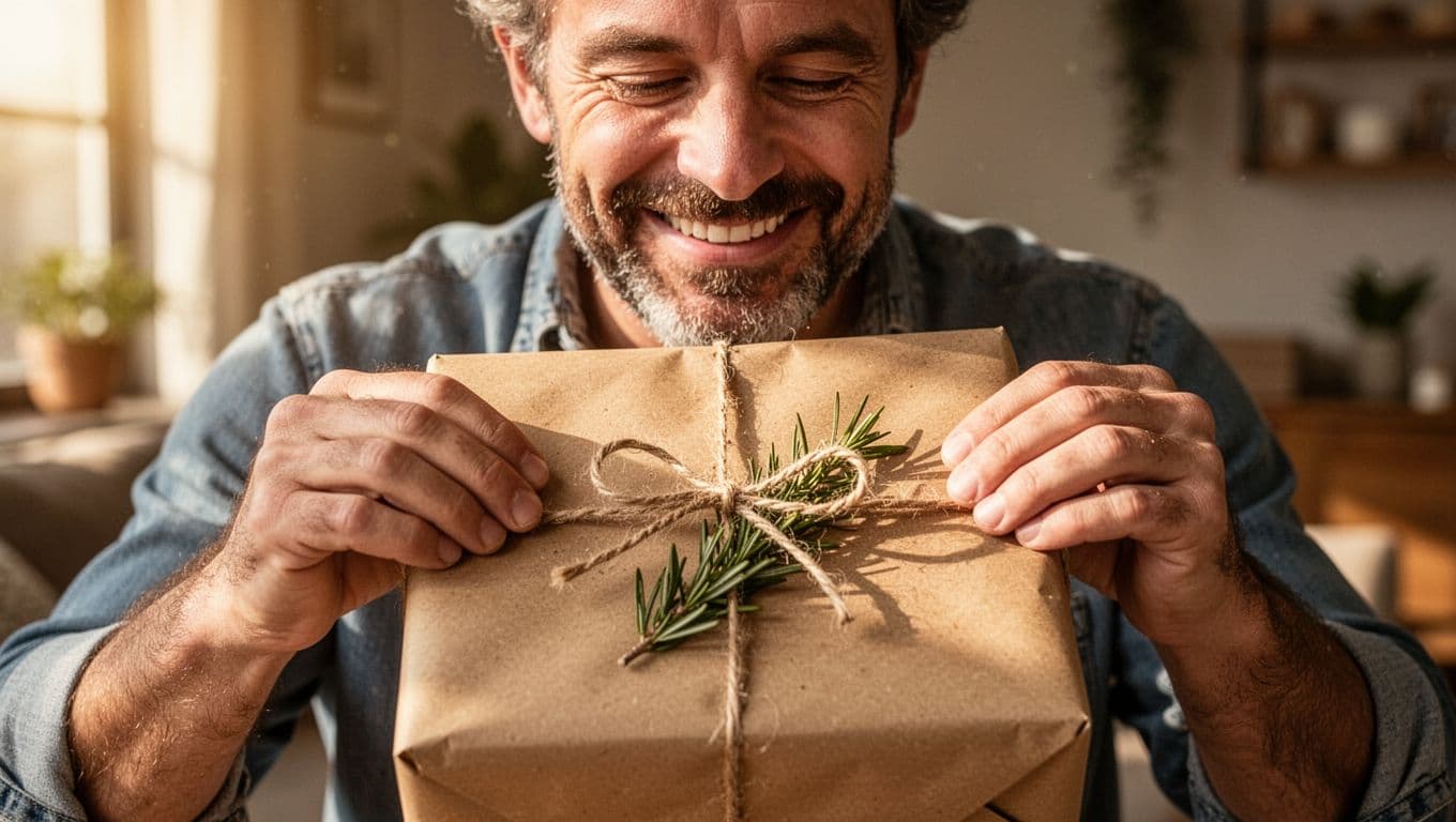 A close-up view focuses on a father with a joyful expression as he unwraps a package wrapped in brown craft paper, secured with rustic twine and a small green sprig.