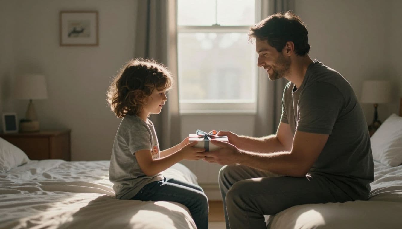 A father sits on the edge of his bed as his young child presents a handmade gift. Golden morning sunlight streams through the bedroom window, creating a warm and intimate atmosphere.
