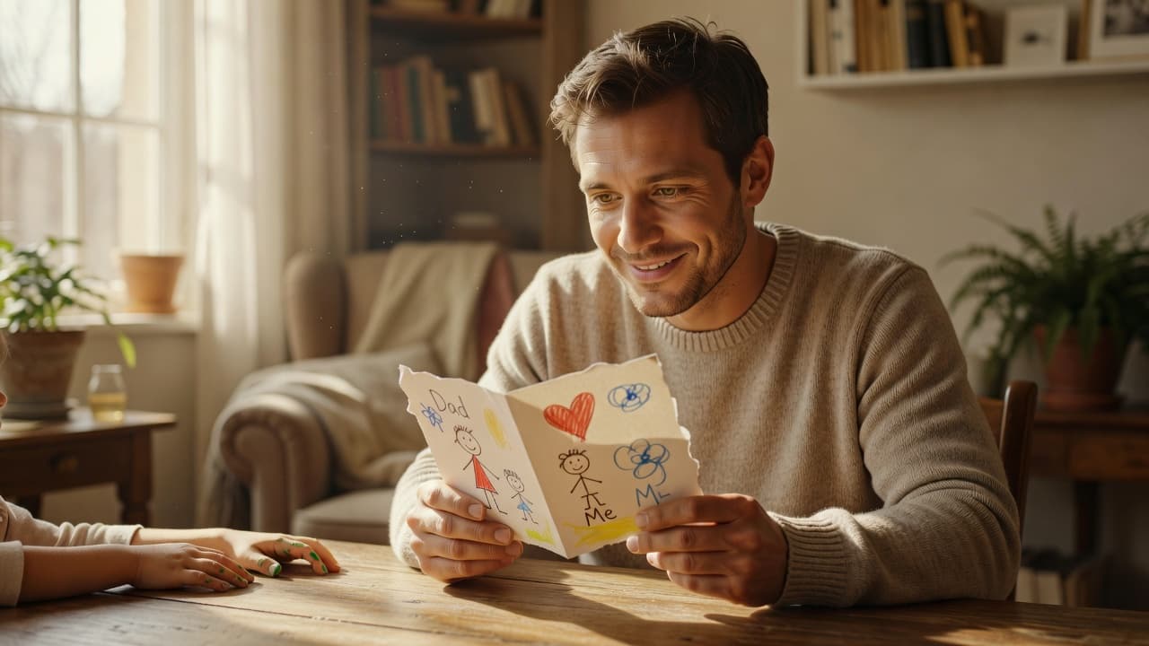 A man looks down with a gentle smile as he holds a brightly colored, hand-drawn paper card. Small, youthful hands rest near his own, capturing a tender moment in their home.