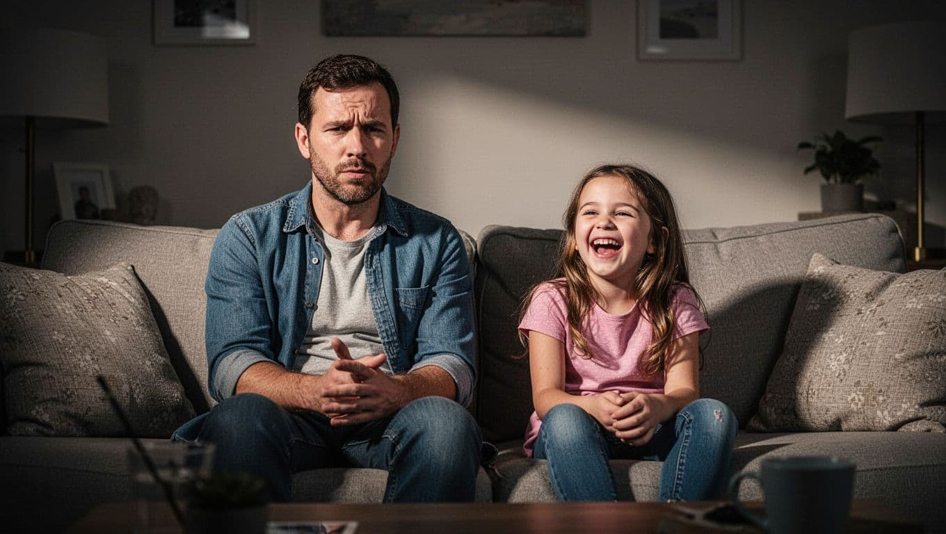 A man in casual clothing sits on a neutral sofa, maintaining a completely stone-faced expression while his young daughter beside him giggles uncontrollably, illuminated by dramatic indoor cinematic lighting.