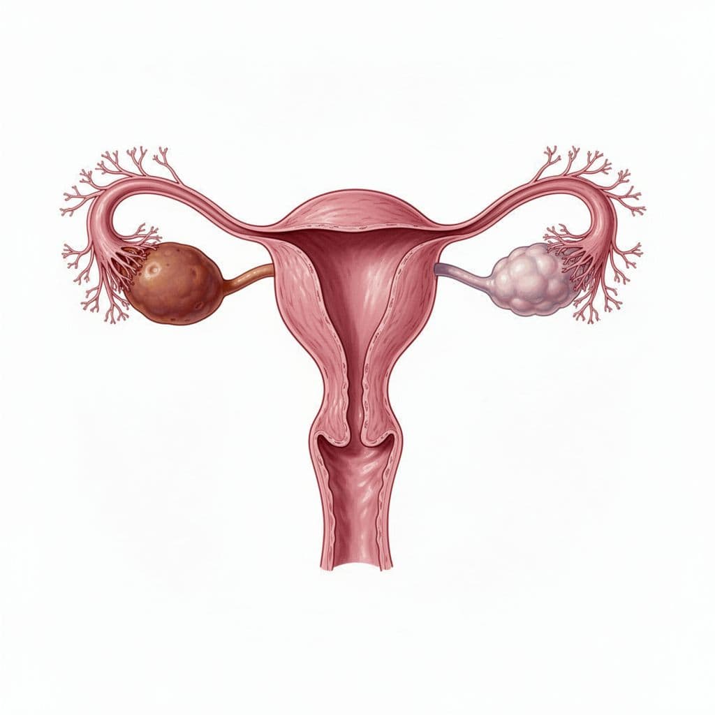 Diagram shows ovary, fimbriae, and wide ampulla of female fallopian tube on white background.