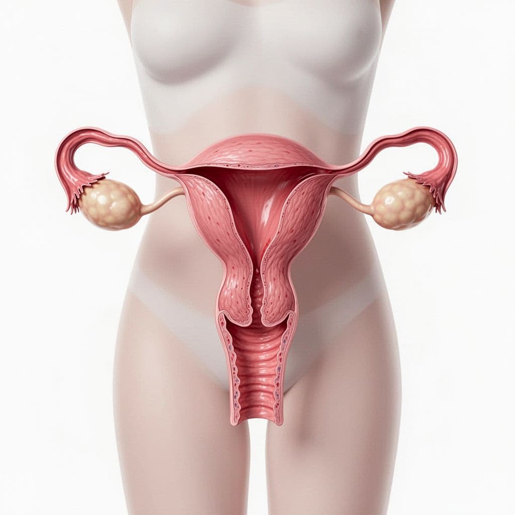 Medical-style illustration of uterus, ovaries, and fallopian tubes on white background.