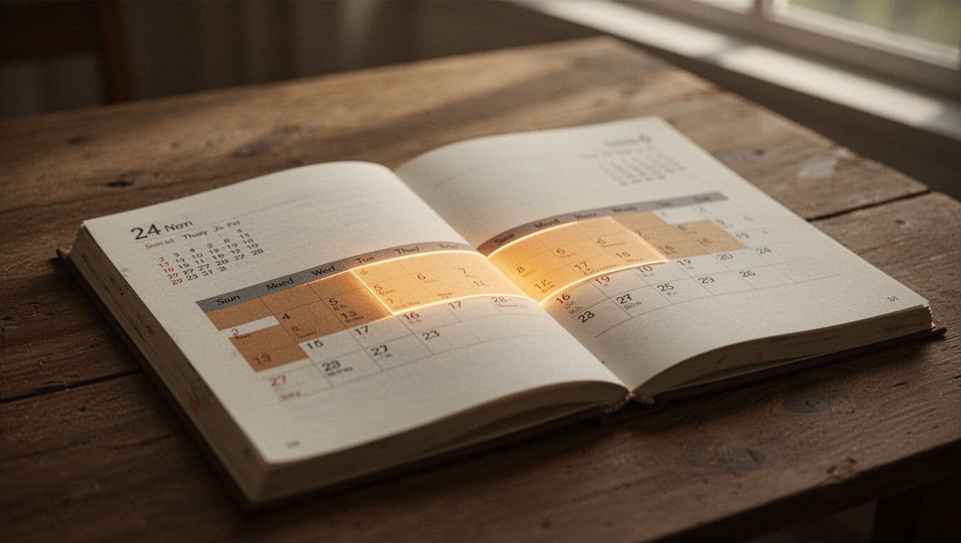 A stylized calendar background features a highlighted six-day span glowing with soft amber light. Warm illumination casts artistic depth over the marked section, emphasizing the cycle's peak reproductive fertility phase.