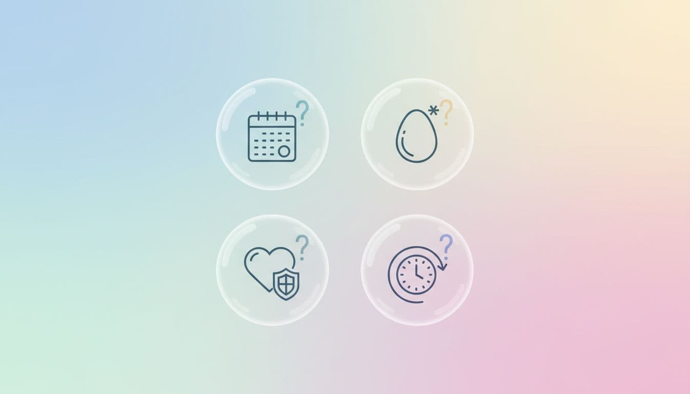 Clean illustrative graphic of floating question mark bubbles with simple icons for fertility concerns post-miscarriage: calendar for periods, egg for ovulation, heart for safety, clock for recovery time. Balanced vector composition on soft pastel background with light gradients, landscape orientation, high clarity.
