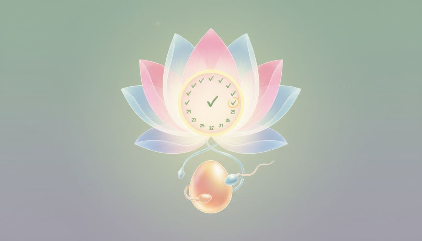Soft reassuring illustration of fertility symbols: blooming flower for renewal after loss, calendar with checkmarks for healthy cycles, and single egg and sperm uniting, in pastel colors with natural light and simple central composition.