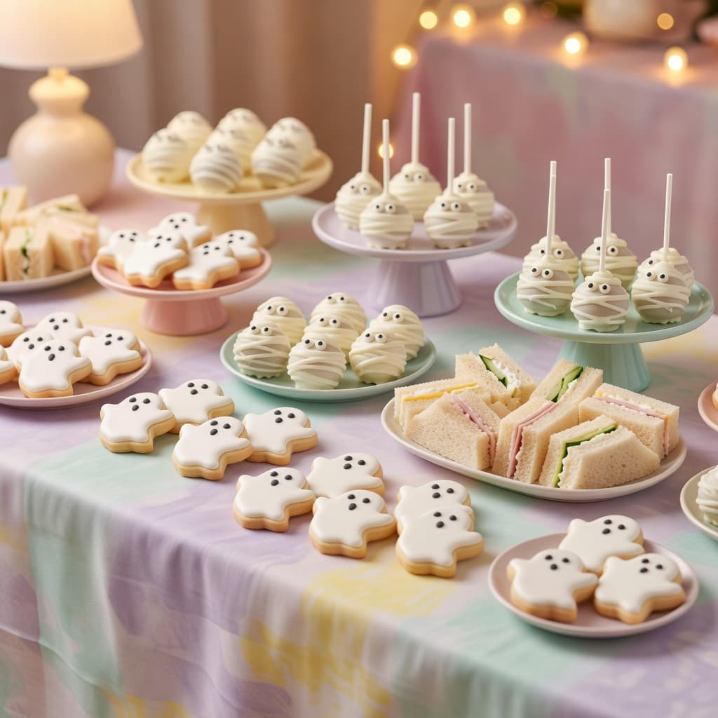 A festive table featuring ghost cookies, mummy cake pops, and sandwiches for a Halloween baby shower.
