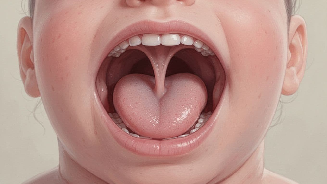 Close-up of 8-12 week human fetal mouth showing tongue with short tight lingual frenulum.