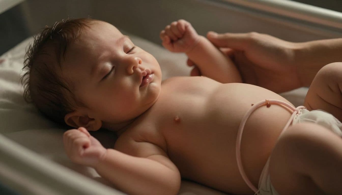 A soft focus view of a baby inside the womb surrounded by a warm, golden glow. The umbilical cord gently loops near the infant, depicted with cinematic lighting and deep shadows.