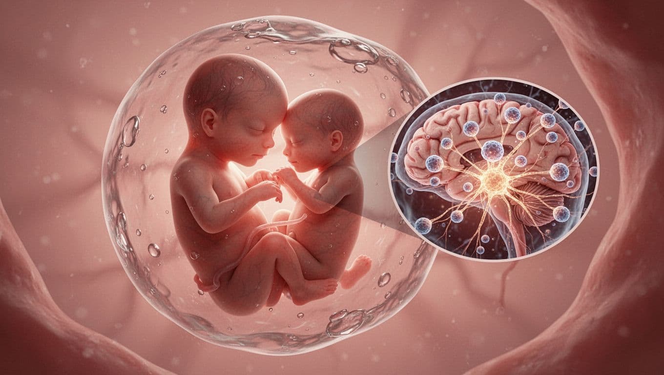 Fetus inside womb with magnified brain inset showing proliferating neural cells and glowing connection threads amid amniotic fluid.