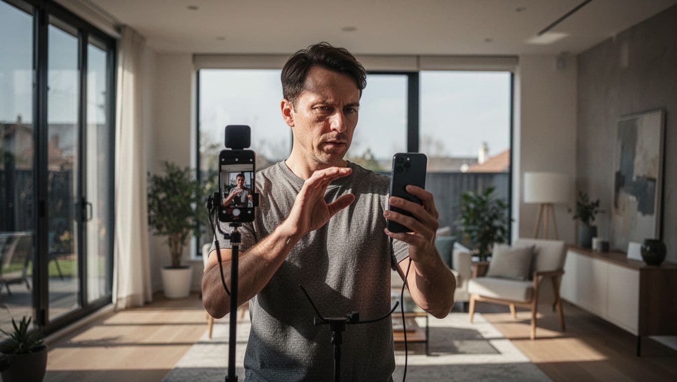 A creative professional holds a smartphone to film a product demonstration in a sunlit room. Dramatic lighting highlights the focused expression while showcasing an accessible approach to modern freelance service work.