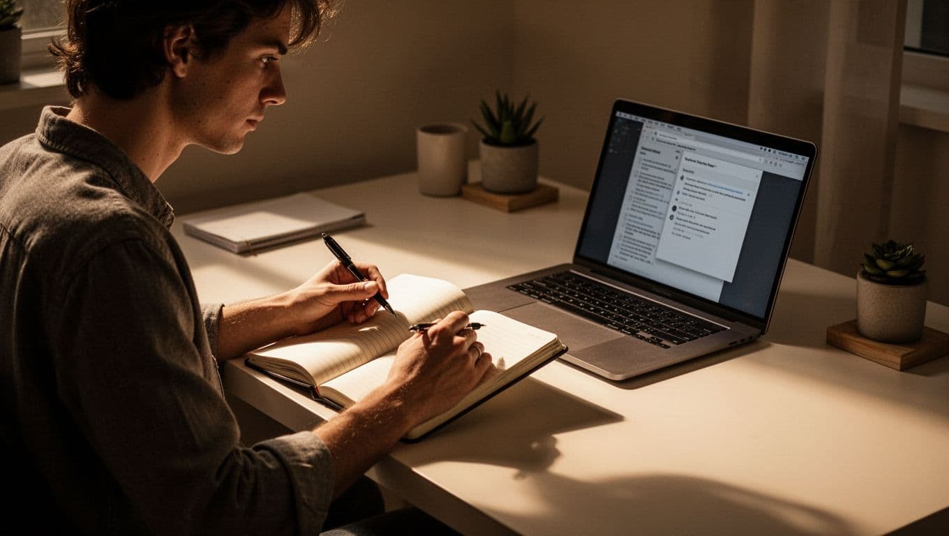 A person holds a pen over an open notebook while viewing a laptop screen on a tidy desk. Warm light creates dramatic shadows across the workspace, emphasizing a focused budgeting atmosphere.