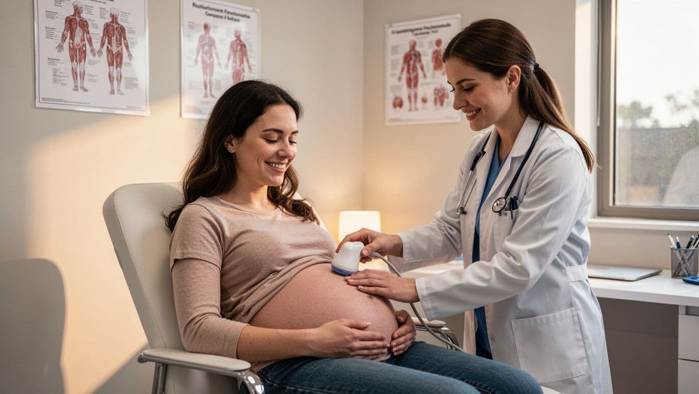 Smiling pregnant woman sits as female doctor uses Doppler on her belly in modern clinic.