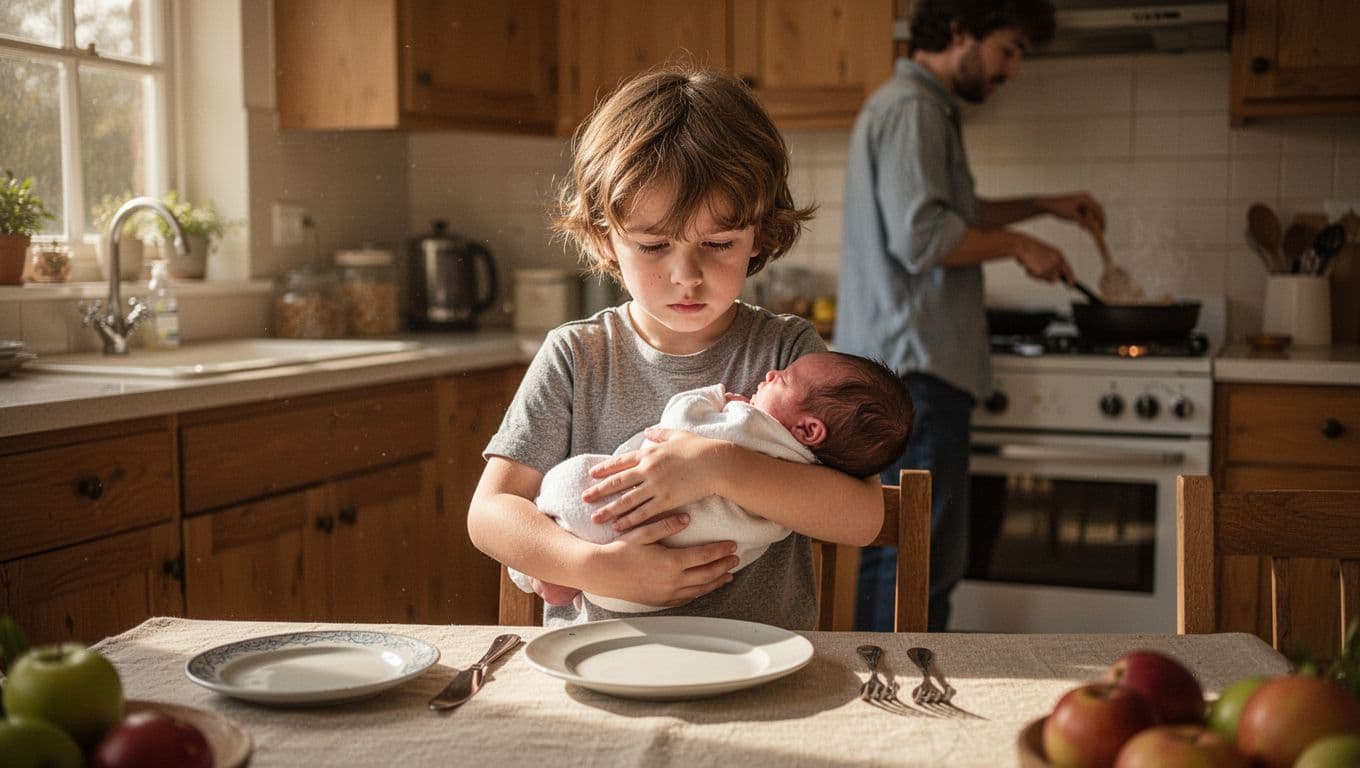 8-year-old child holds baby sibling while setting table in cozy kitchen with warm window light; parent cooks in background.