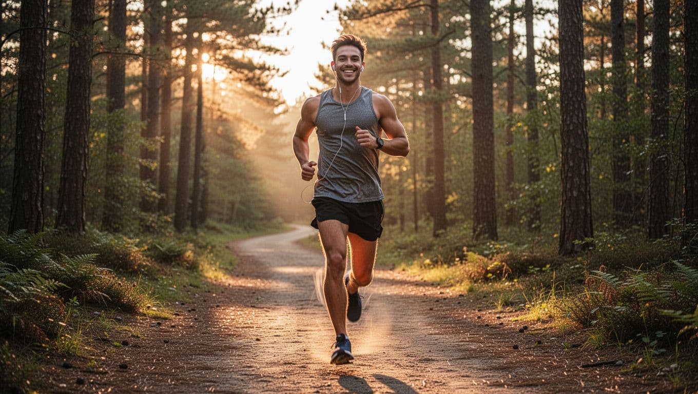A fit young man with a relaxed confident smile runs dynamically on a scenic outdoor forest trail at sunrise, dressed in athletic shorts, tank top, running shoes, and earbuds, with natural golden hour lighting and motion blur on legs.