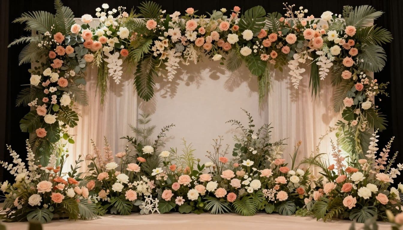An elegant event stage features a lush wall of blush, peach, and cream blossoms accented by sage greenery. Soft lighting casts dramatic shadows, creating a sophisticated and romantic garden atmosphere.