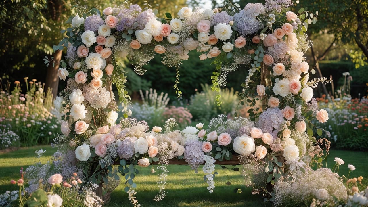 A lush garden display features cascading pastel roses and peonies arranged around a circular frame. Soft sunlight illuminates the delicate blossoms, creating a dreamy and elegant atmosphere for an outdoor event.