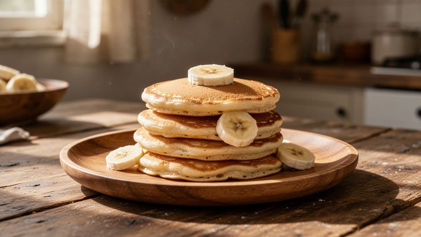 A stack of thick, golden-brown banana pancakes rests on a rustic wooden plate. Soft morning sunlight illuminates the textures of the food while the kitchen background remains in a gentle blur.