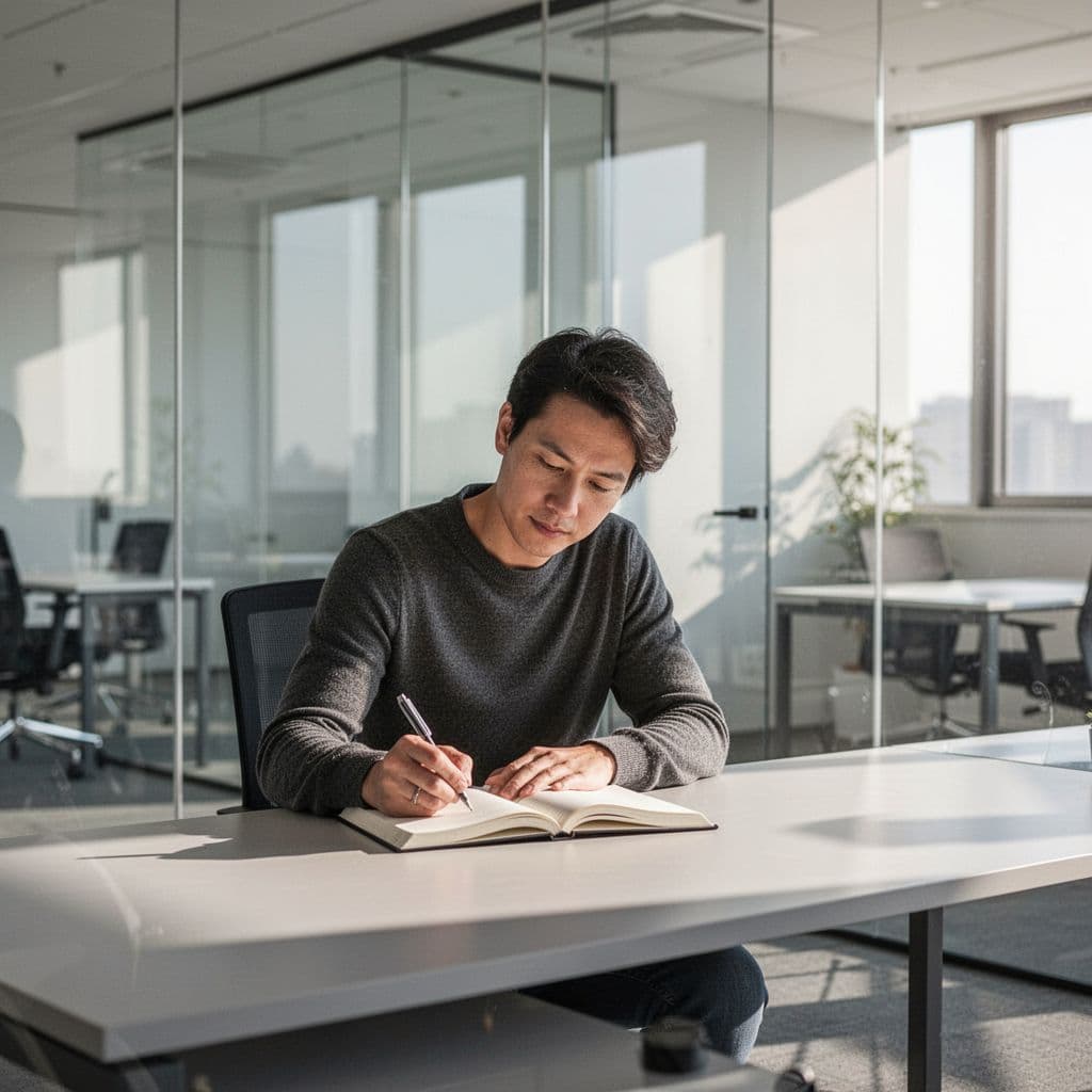 A person sits at a desk with an open notebook, showing focused expression in a bright modern office.