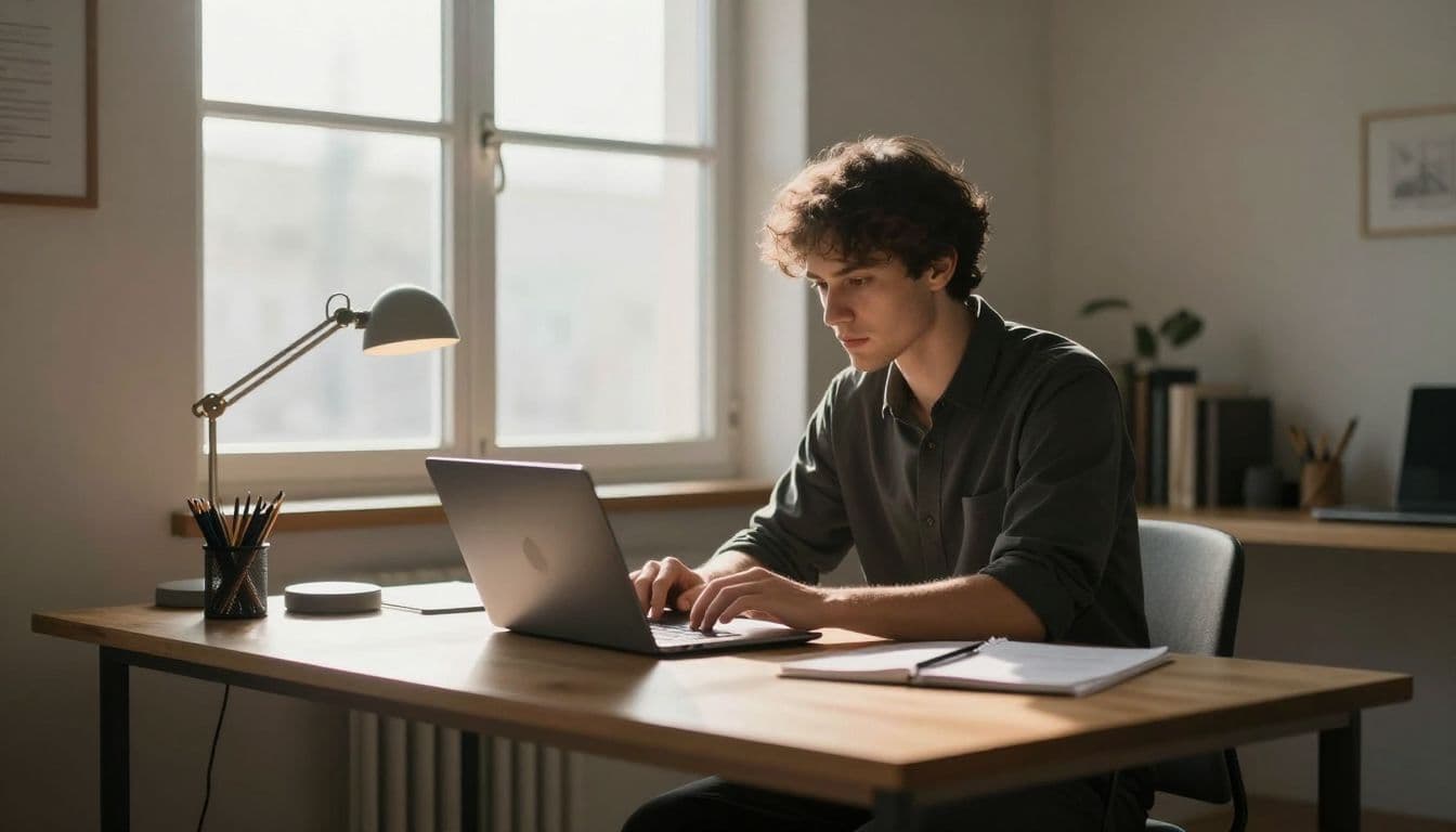 A person sits at a minimalist wooden desk typing on a laptop. Warm golden afternoon sunlight streams through a side window, casting soft shadows across the organized and peaceful workspace area.