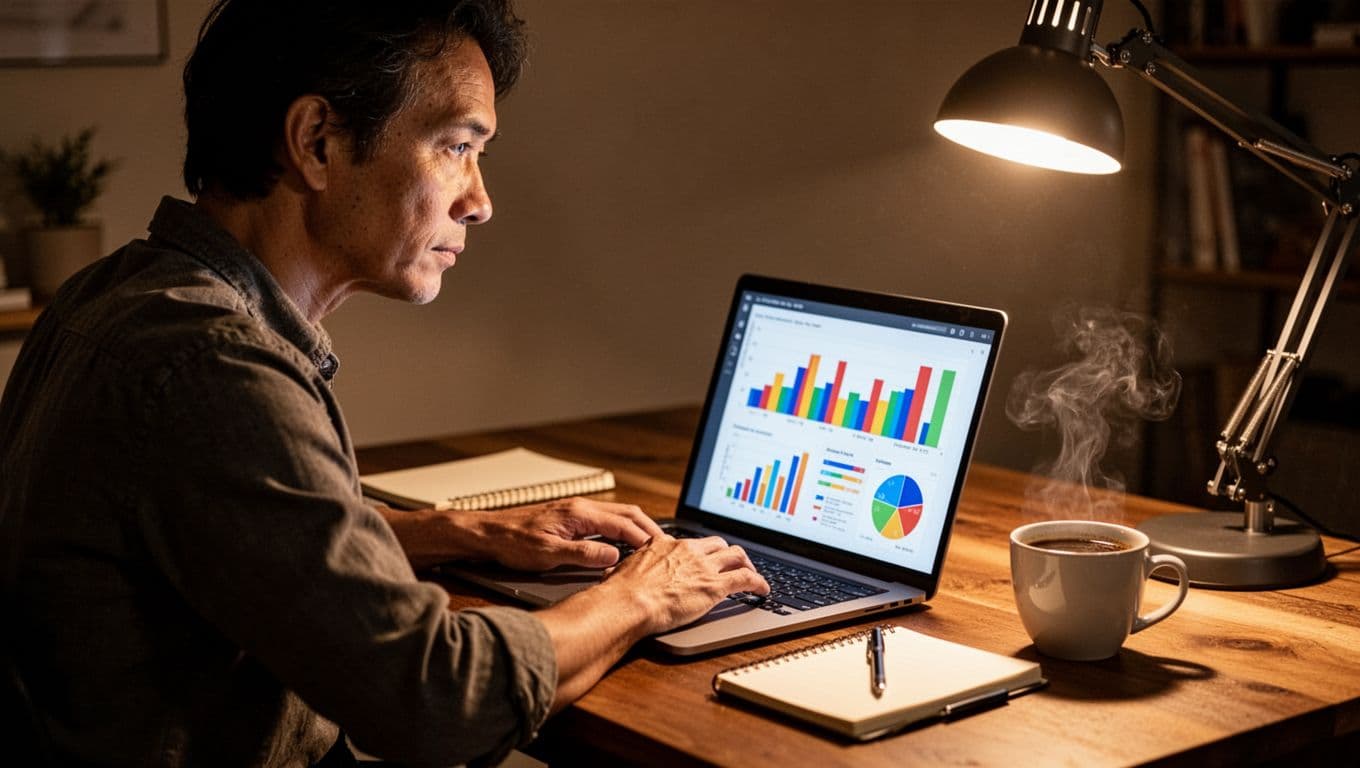 A concentrated individual reviews financial spreadsheets on a laptop screen while seated at a dark desk. A warm desk lamp casts soft light over a notebook, pen, and steaming coffee mug.