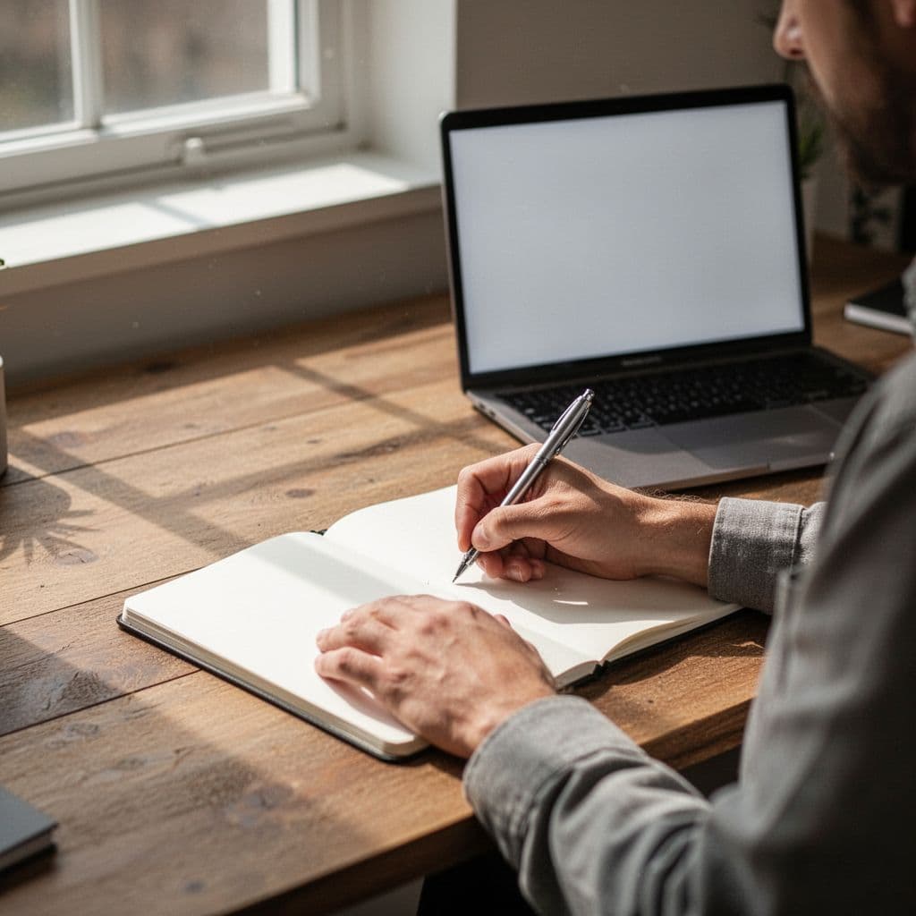 A person concentrates on writing in a notebook at a sunlit desk with an open laptop.