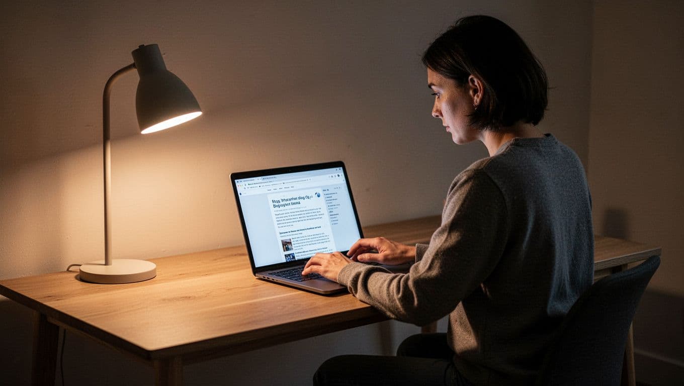 A person sits at a sleek wooden desk, typing intently on a laptop under the glow of a warm desk lamp. Deep shadows and bright highlights create a cinematic, professional atmosphere.