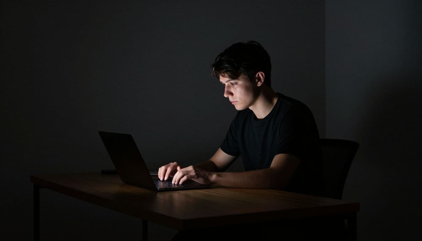 A person sits before an open laptop in a dimly lit office, their face illuminated by the bright screen. Intense shadows surround them while they concentrate on their important digital work.