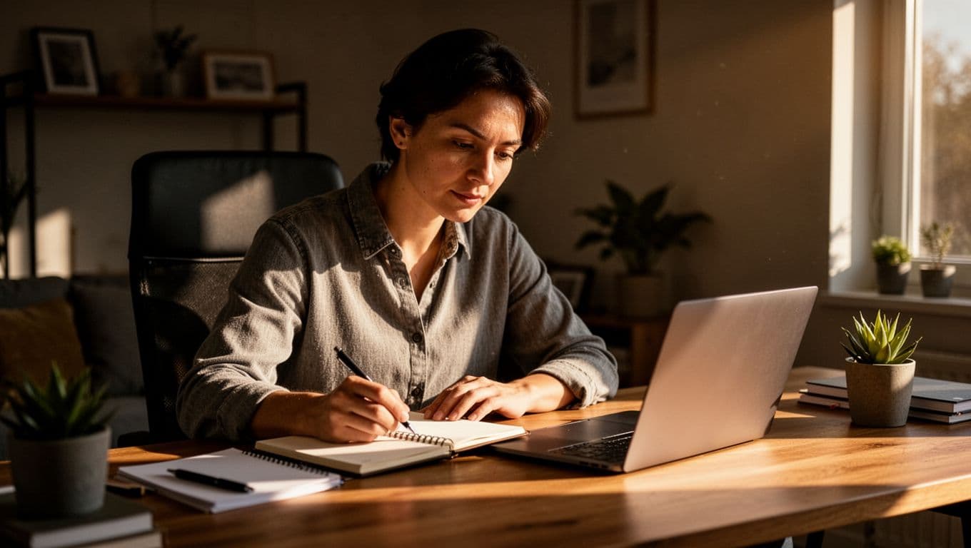 A person sits at a clean home desk under warm sunlight, carefully reviewing notes in a notebook while looking at a laptop screen to assess their current financial progress and goals.